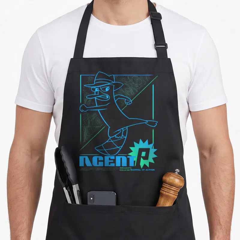 Tablier de cuisine noir avec illustration linéaire bleue d'Agent P en posture de combat et le texte Agent P Mammal of Action.