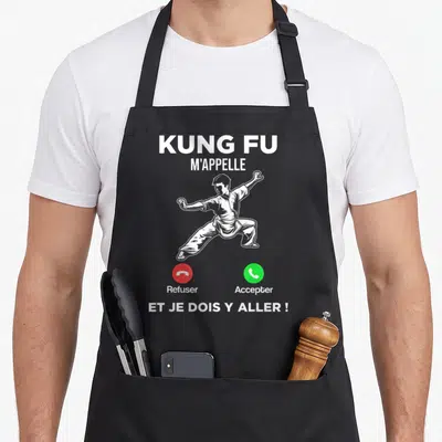 Tablier de cuisine noir avec illustration d'un homme en kung fu et boutons appeler Refuser et Accepter