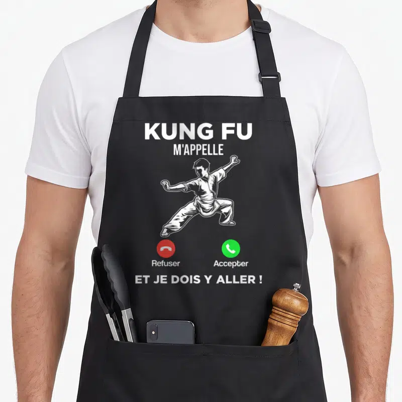 Tablier de cuisine noir avec illustration d'un homme en kung fu et boutons appeler Refuser et Accepter