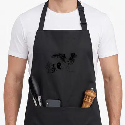 Tablier de cuisine noir avec illustration grue, serpent et symbole Yin Yang en style dessin au trait.