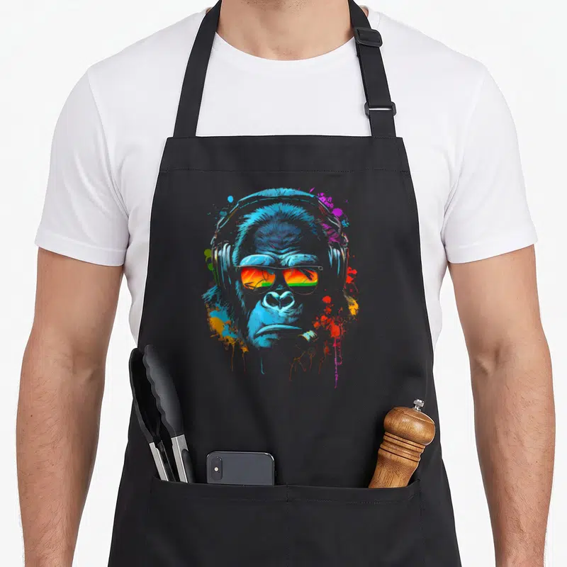 Tablier de cuisine noir avec illustration d'un gorille portant des écouteurs et des lunettes de soleil aux verres multicolores.