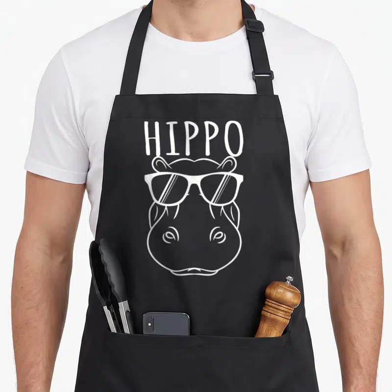 Tablier de cuisine noir avec illustration blanche d'un hippopotamus en lunettes de soleil et le mot HIPPO au-dessus.