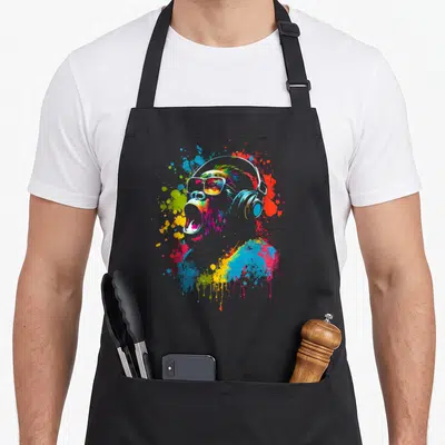 Tablier de cuisine noir avec illustration colorée d'un gorilla portant un casque DJ et des lunettes de soleil au milieu d'éclaboussures.