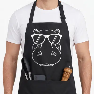 Tablier de cuisine noir avec tête dhippolype dessiné en blanc portant des lunettes de soleil modernes et élégantes.