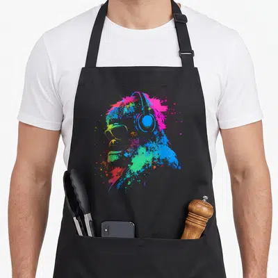 Tablier de cuisine noir avec illustration d'un singe DJ aux écouteurs et lunettes de soleil en éclats de peinture multicolore.