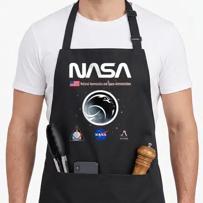 Tablier de cuisine noir avec le logo NASA, l'emblème Artemis et une illustration de la Lune entourée d'étoiles.