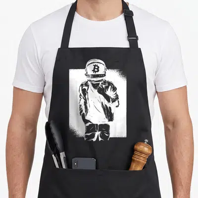 Tablier de cuisine noir avec illustration d'un astronaute au casque portant le symbole Bitcoin en blanc.