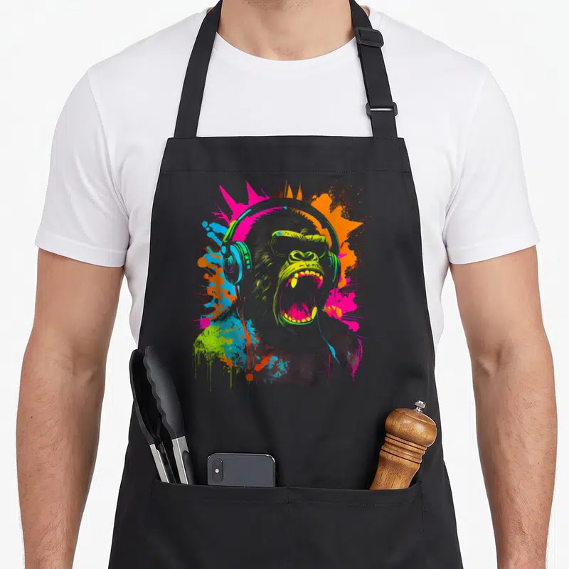 Tablier de cuisine noir avec illustration d'un gorilla criant portant un casque et des lunettes de soleil sur fond d'éclaboussures colorées.
