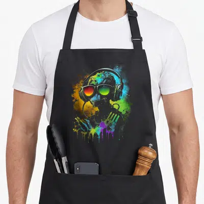 Tablier de cuisine noir avec illustration d'un gorilla DJ aux couleurs vives et effet peinture en coulisse.