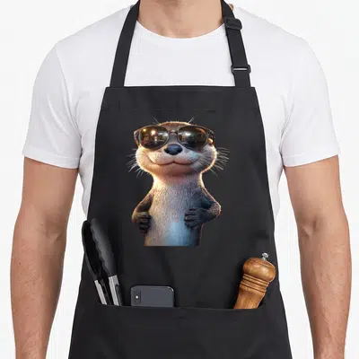 Tablier de cuisine noir avec un loutre portant des lunettes de soleil et les mains sur le ventre.