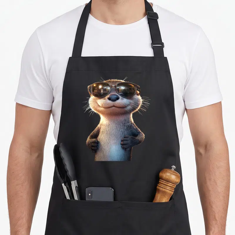 Tablier de cuisine noir avec un loutre portant des lunettes de soleil et les mains sur le ventre.