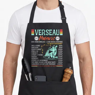 Tablier de cuisine noir avec illustration rétro du Verseau et liste de valeurs comme sarcasme et rébellion accompagnées de pourcentages.
