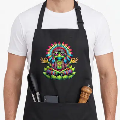 Tablier de cuisine noir avec une grenouille hippie assise en tailleur sur un lotus, coiffée d'un heaume multicolore et portant des lunettes.
