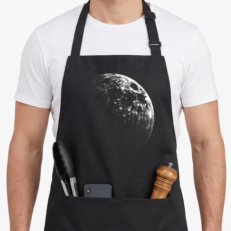 Tablier de cuisine noir avec illustration lunaire en gravure fine et points lumineux stylisés.