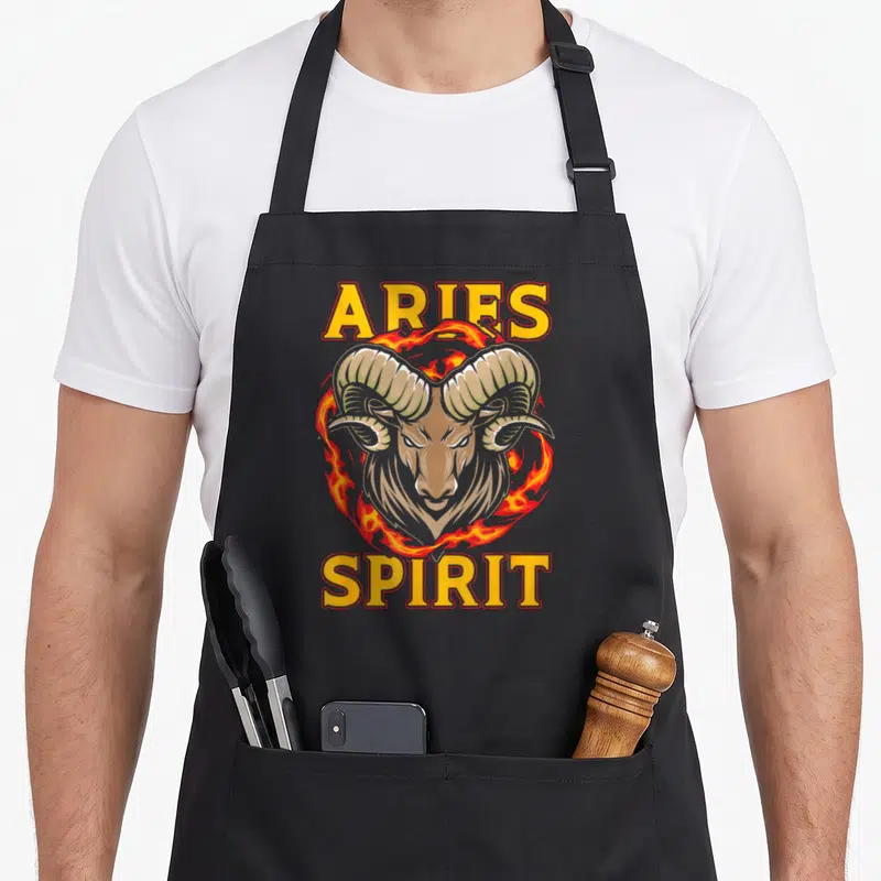 Tablier de cuisine noir avec tête de bélier entourée de flammes et texte Aries Spirit en lettres jaunes.