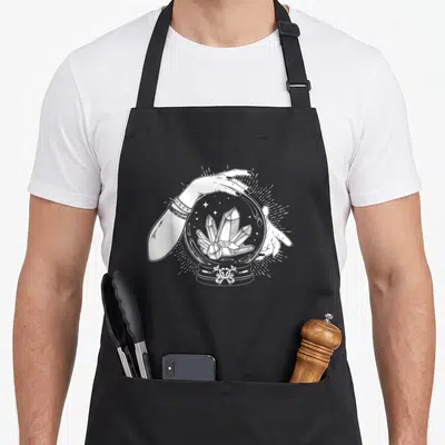 Tablier de cuisine noir avec illustration blanche d'une boule de cristal, de mains aux ongles noirs et de cristaux géométriques.