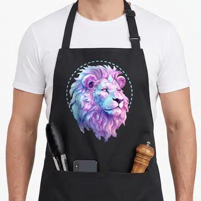 Tablier de cuisine noir avec tête de lion géométrique aux couleurs vives et mane ondulante.