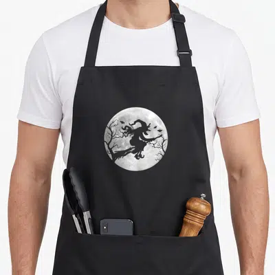 Tablier de cuisine noir avec illustration circulaire d'une sorcière volant sur un balai face à une pleine lune entourée d'arbres nus.