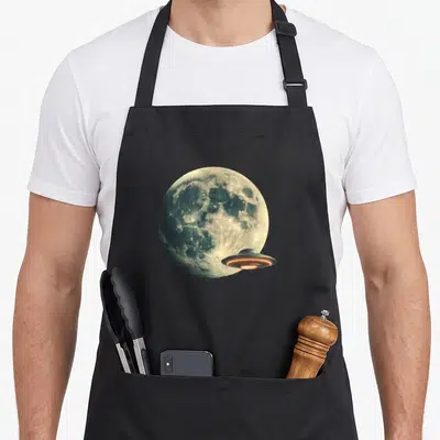 Tablier de cuisine noir avec illustration d'une soucoupe volante devant une pleine lune détaillée.