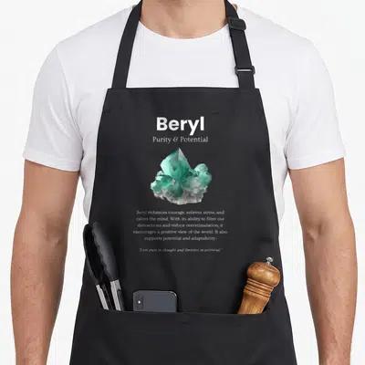 Tablier de cuisine noir avec illustration d'un cristal de béryl vert translucide et texte blanc sur signification.