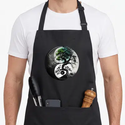 Tablier de cuisine noir avec motif circulaire Yin Yang arbre de vie et lune verte.