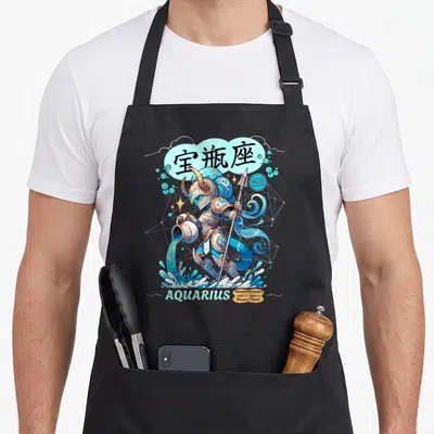 Tablier de cuisine noir avec un guerrier aquatique bleu versant de l'eau, texte Aquarius et symboles astrologiques.