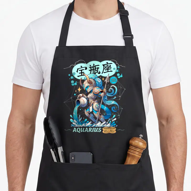 Tablier de cuisine noir avec un guerrier aquatique bleu versant de l'eau, texte Aquarius et symboles astrologiques.