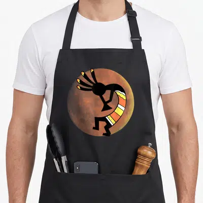 Tablier de cuisine noir avec Lune dansante Kokopelli motif amérindien sur fond lunaire orange