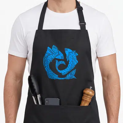 Tablier de cuisine noir avec illustration bleue de deux poissons ornés de motifs décoratifs en cercle.