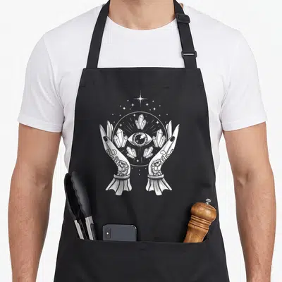 Tablier de cuisine noir avec deux mains tatouées tenant une boule de cristal et un œil mystique entouré de cristaux.