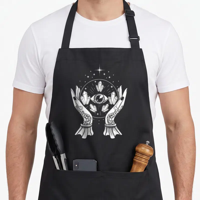 Tablier de cuisine noir avec deux mains tatouées tenant une boule de cristal et un œil mystique entouré de cristaux.