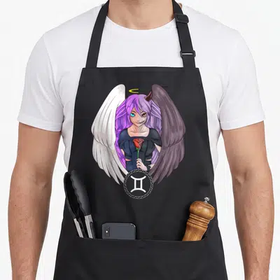 Tablier de cuisine noir avec illustration anime pastel goth et symbole des Poissons.