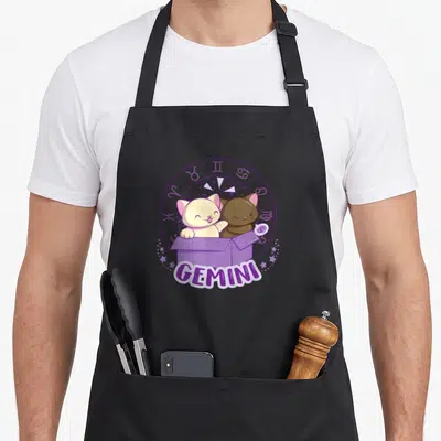 Tablier de cuisine noir avec deux chats kawaii dans une boîte violette et le mot Gemini sous un cadran zodiacal.