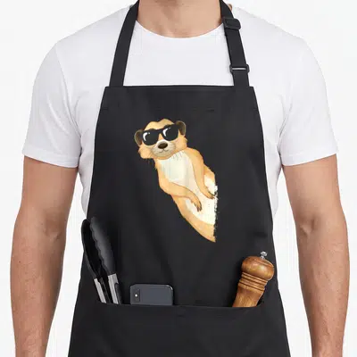Tablier de cuisine noir avec illustration d'un suricate exotique aux lunettes de soleil noires et pattes jointes.