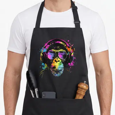 Tablier de cuisine noir avec illustration colorée d'un singe portant un casque audio et des lunettes de soleil reflectantes.
