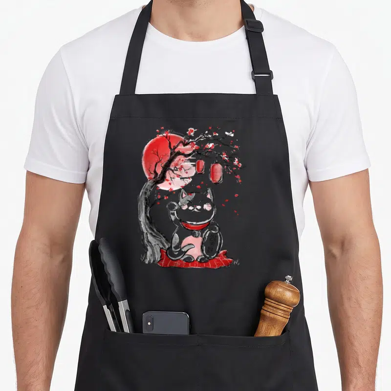 Tablier de cuisine noir avec illustration d'un chat gris Maneki Neko sous une Lune rouge et des lanternes japonaises.