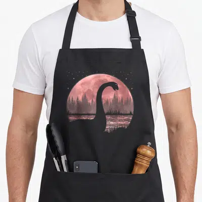 Tablier de cuisine noir avec silhouette du monstre du Loch Ness devant une pleine lune rose et des étoiles.