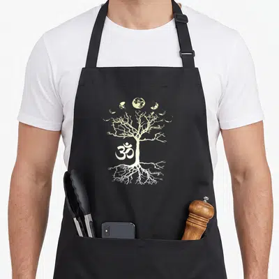 Tablier de cuisine noir avec un arbre de vie blanc, des phases de lune et le symbole Om Aum au centre du tronc.