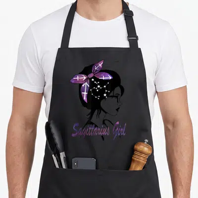 Tablier de cuisine noir avec profil femme lunettes nœud galaxie flèches astérisme Sagittarius Girl texte violet