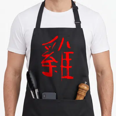 Tablier de cuisine noir avec un grand caractère chinois rouge représentant le Coq dans un style encre traditional.
