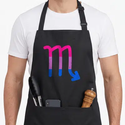 Tablier de cuisine noir avec symbole Scorpion bicolore rose violet et bleu azur style dégradé.