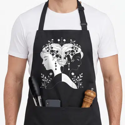 Tablier de cuisine noir avec illustration blanche de deux profils féminins symétriques coiffés de fleurs et de feuilles minimalistes.