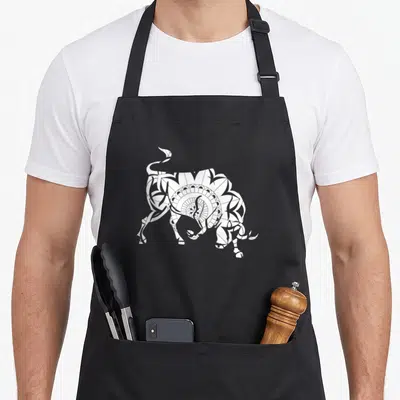 Tablier de cuisine noir avec un Taureau blanc stylisé en motif géométrique et floral complexe.