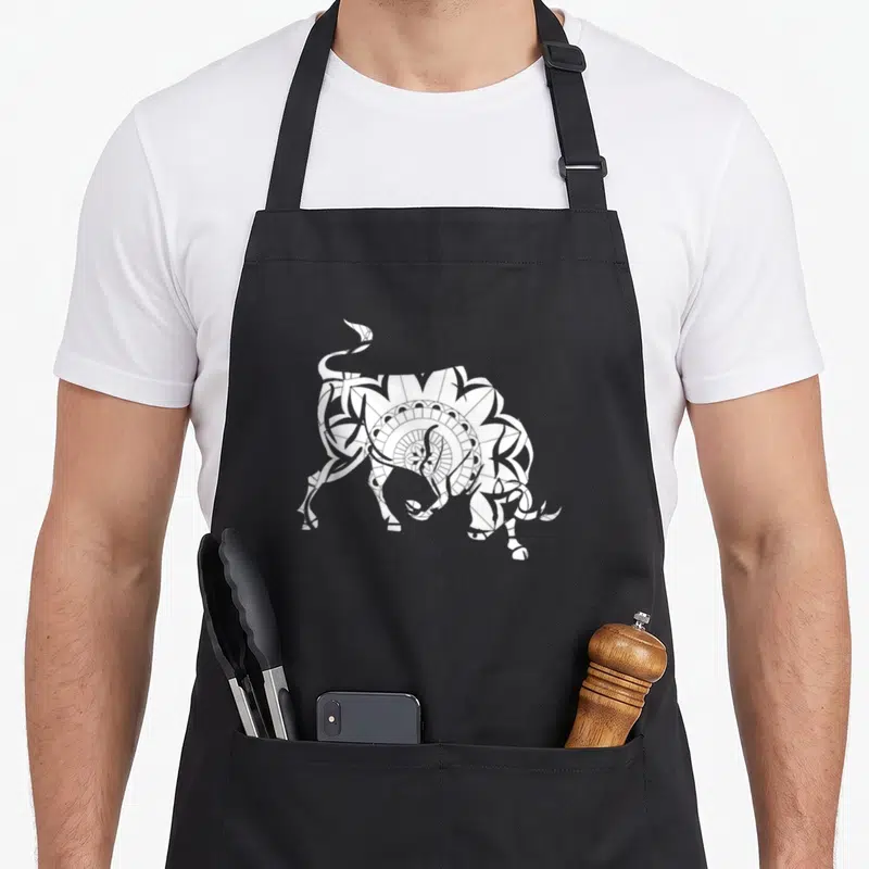 Tablier de cuisine noir avec un Taureau blanc stylisé en motif géométrique et floral complexe.