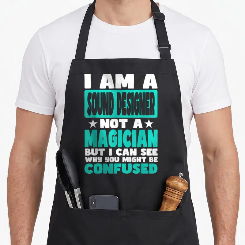 Tablier de cuisine noir avec le texte I AM A SOUND DESIGNER NOT A MAGICIAN en typographie turquoise et blanche.