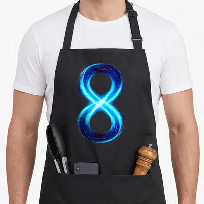 Tablier de cuisine noir avec un chiffre 8 bleu lumineux formant une lemniscate infinie au centre du vêtement.