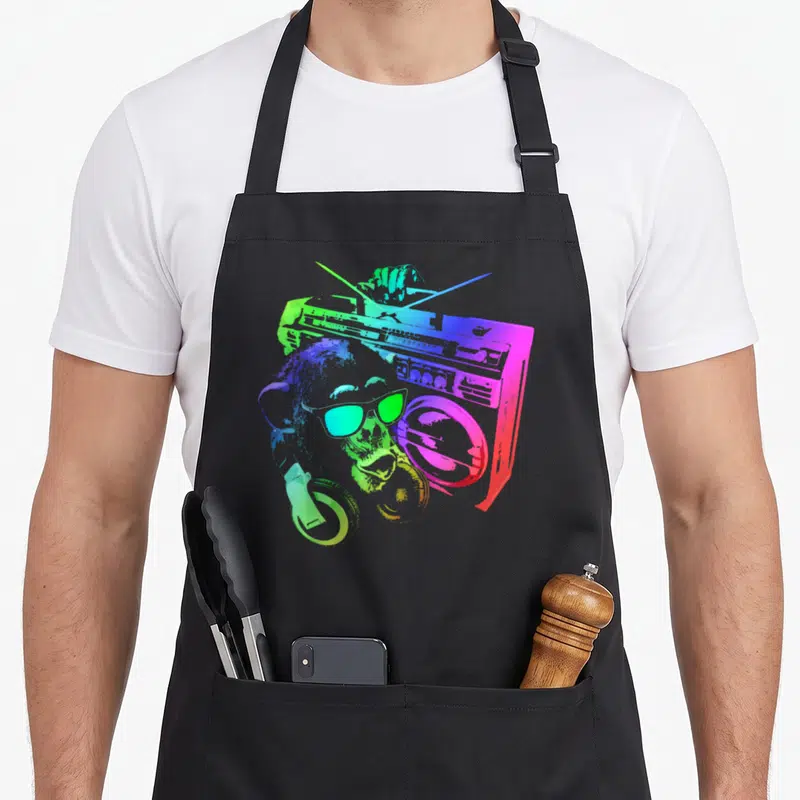 Tablier de cuisine noir avec illustration d'un singe musicien aux couleurs néon tenant une boombox.