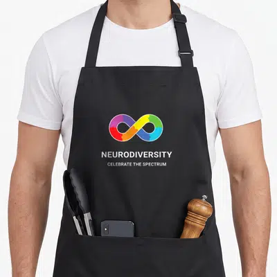 Tablier de cuisine noir avec le symbole infini coloré et les mots Neurodiversity Celebrate the Spectrum imprimés en blanc.
