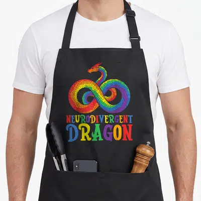 Tablier de cuisine noir avec dragon arc-en-ciel en forme d'infini et texte neurodivergent dragon multicolore.