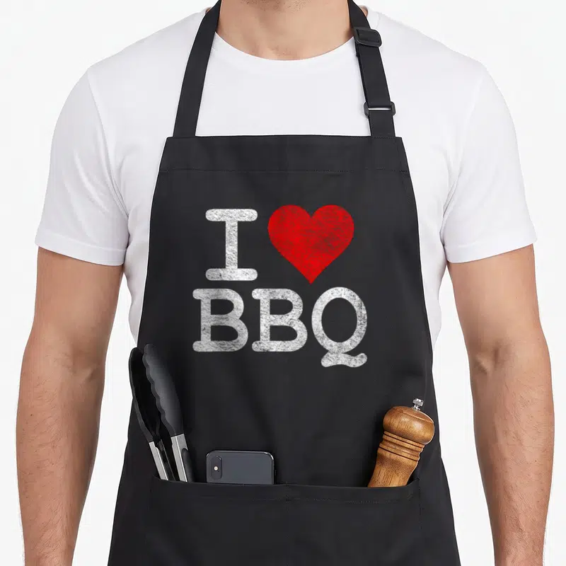 Tablier de cuisine noir avec inscription blanche I Love BBQ et un cœur rouge stylisé au centre du torse.